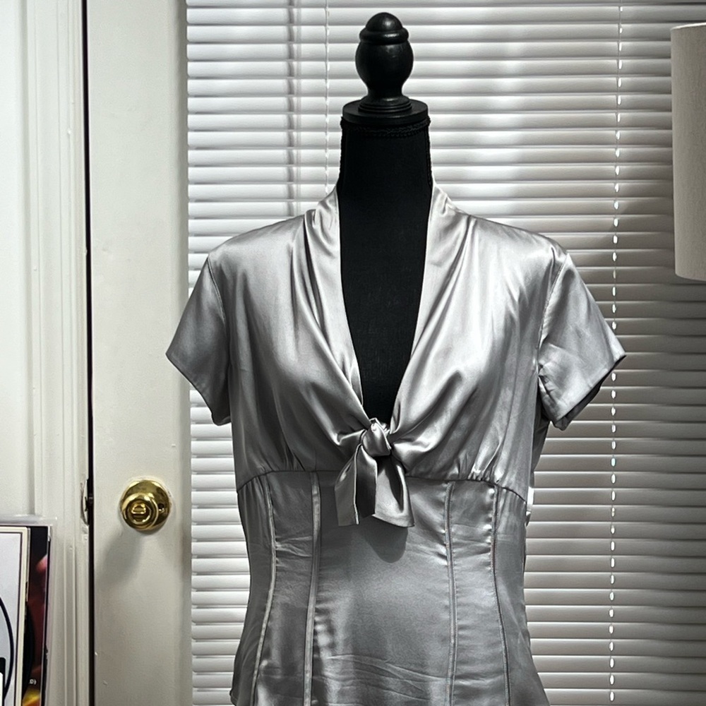 Silver Tie Front Fitted Blouse - Picture 5 of 15